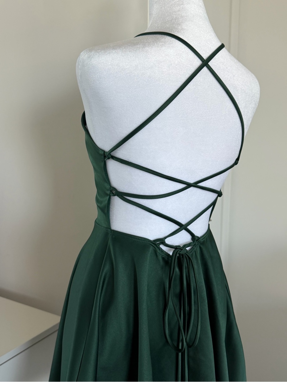 Emerald Green Satin Lace-Up Back Mini Dress S